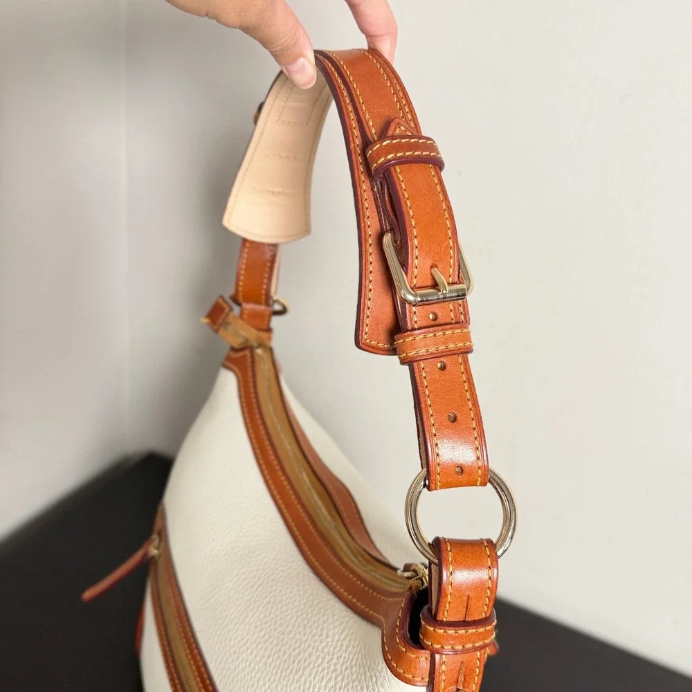 Dooney & Bourke Cream Ivory White Pebble Grain Leather Hobo Bag Brown Trim
